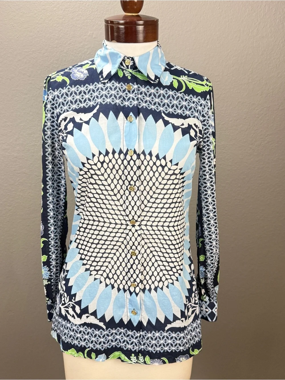 Tory Burch Floral Sunburst Multi Mosaic Cotton Button Up LS Blouse Top Sz 2