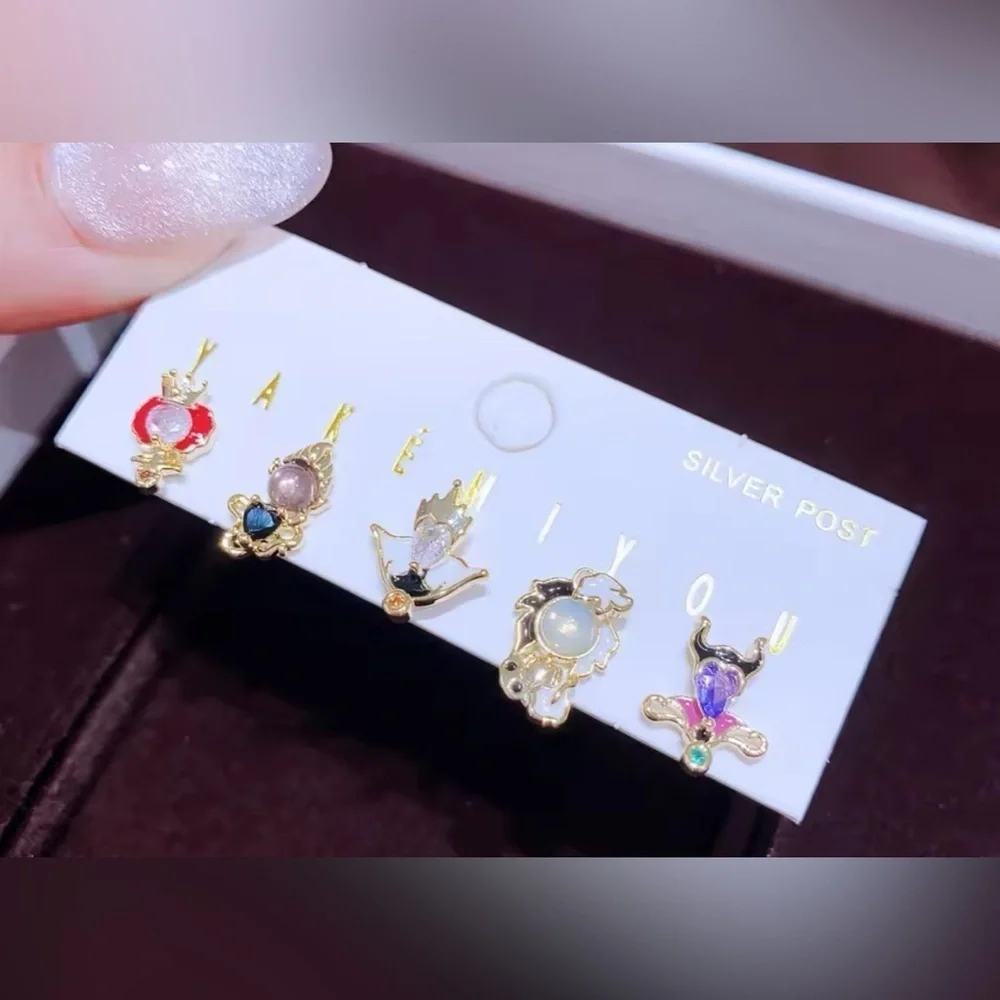 14K Gold Disney Villains Gemstone Theme Earrings Mismatched Stud Set