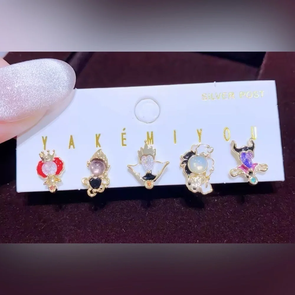 14K Gold Disney Villains Gemstone Theme Earrings Mismatched Stud Set
