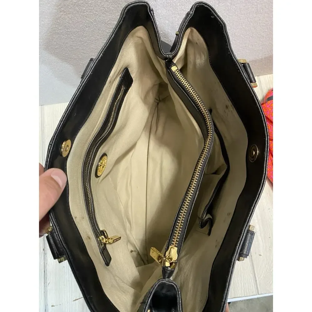 Tory Burch Robinson East West Zip Tote Black Saffiano Leather Gold Trim