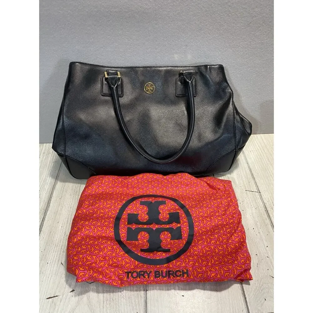 Tory Burch Robinson East West Zip Tote Black Saffiano Leather Gold Trim