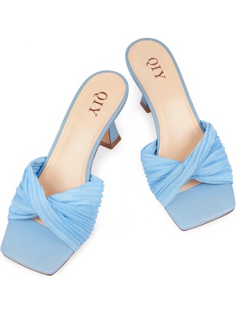 Women's Blue Summer Stylish Open Square Toe Casual Slip-On Kitten Heeled Sandals