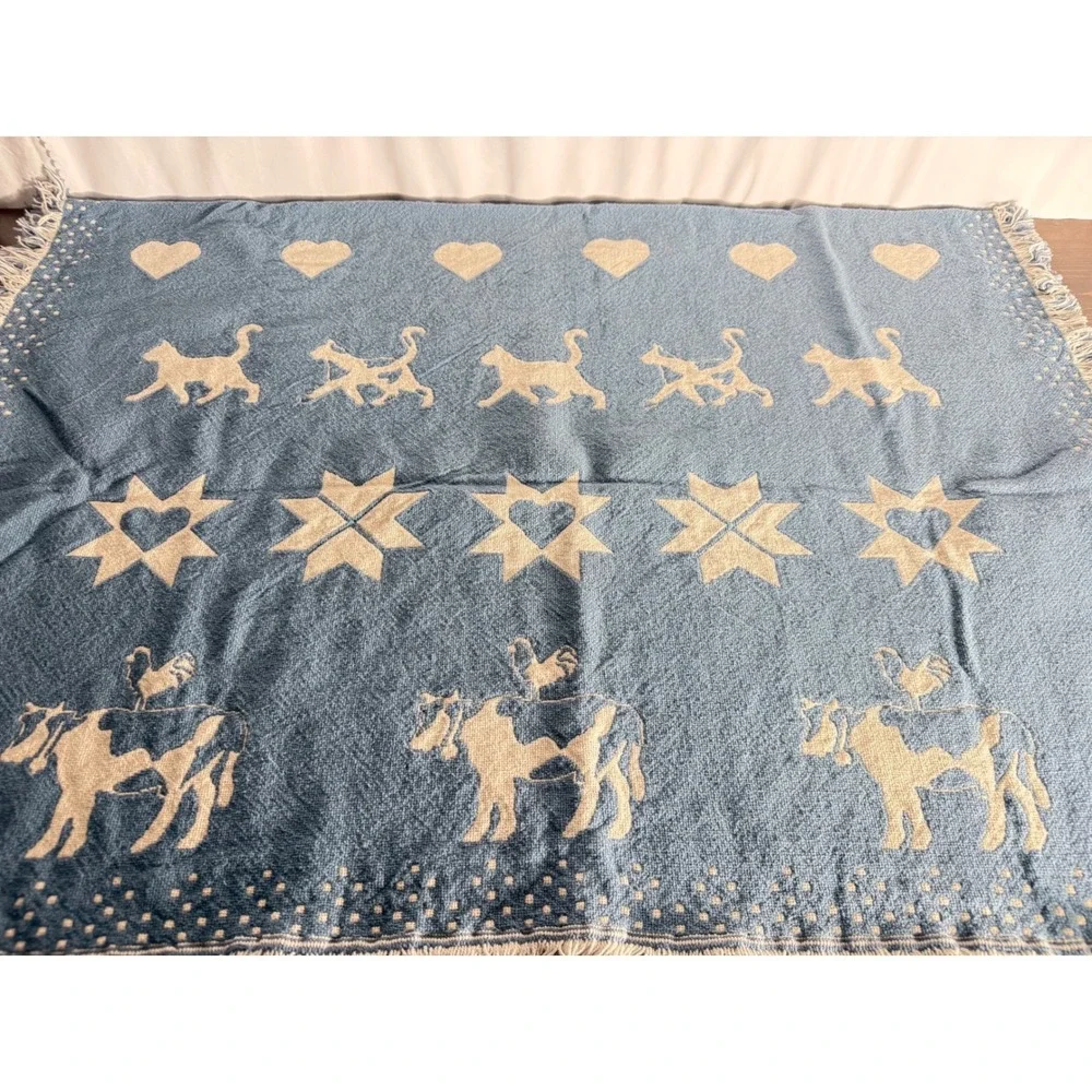 Vintage Woven Tapestry Throw‎ Blanket Country Farm Animals Blue Cream Fringed