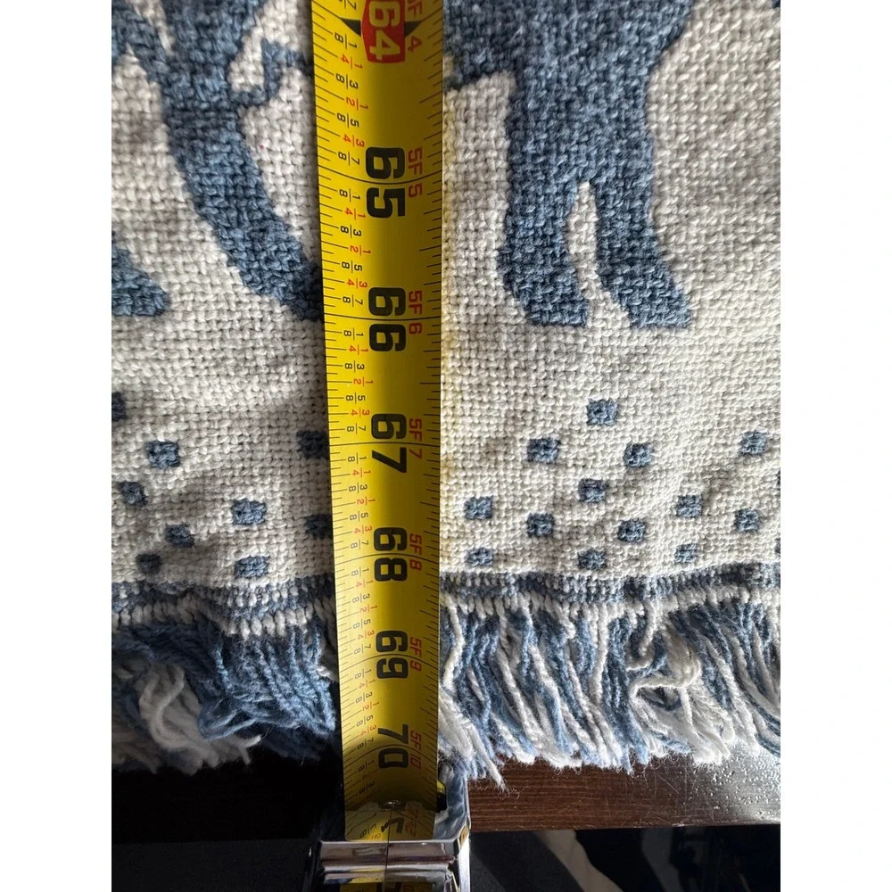 Vintage Woven Tapestry Throw‎ Blanket Country Farm Animals Blue Cream Fringed