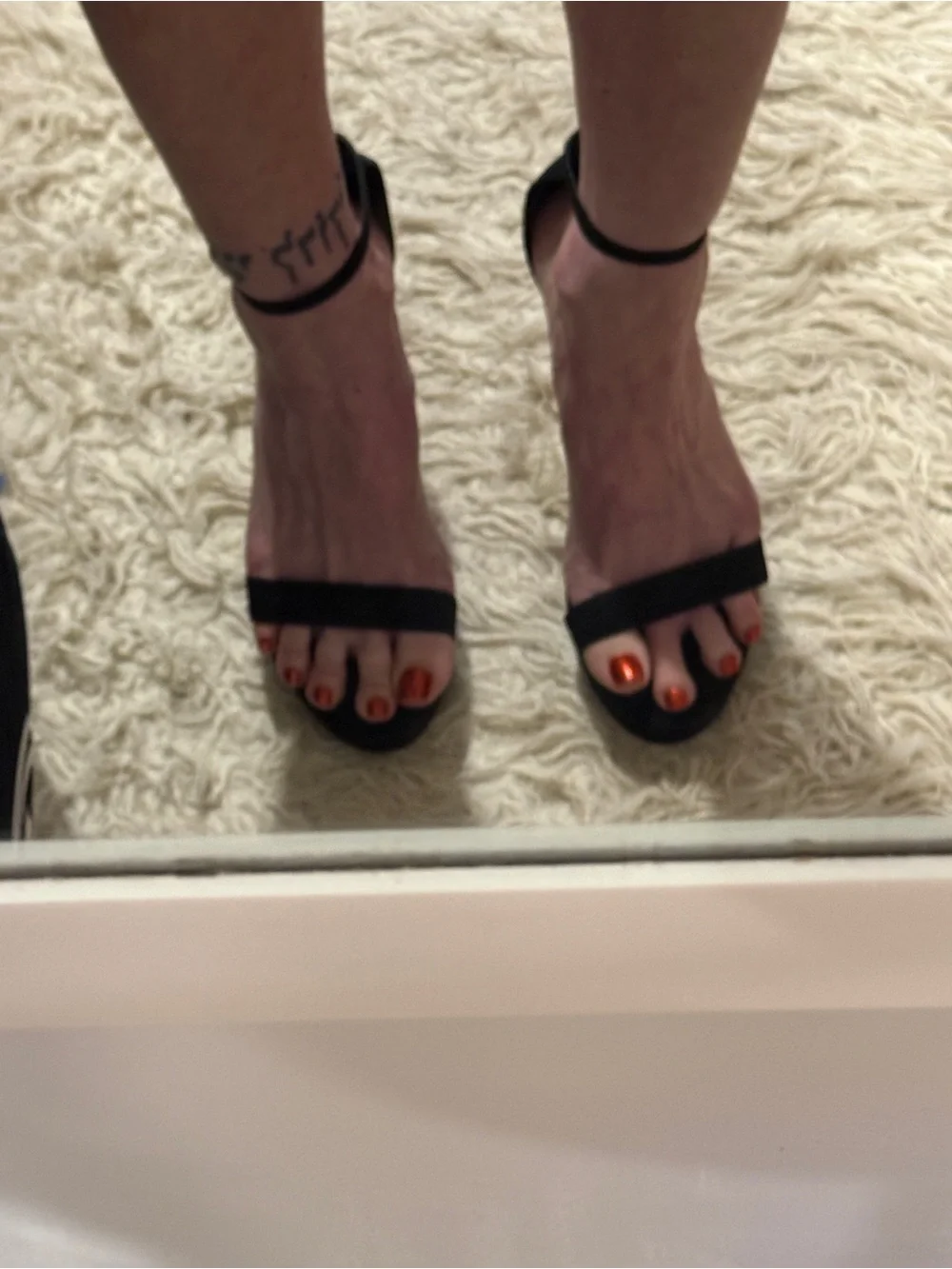 Shoe Dazzle Black Ankle-Strap Heeled Sandals with Orange Toenail Pop