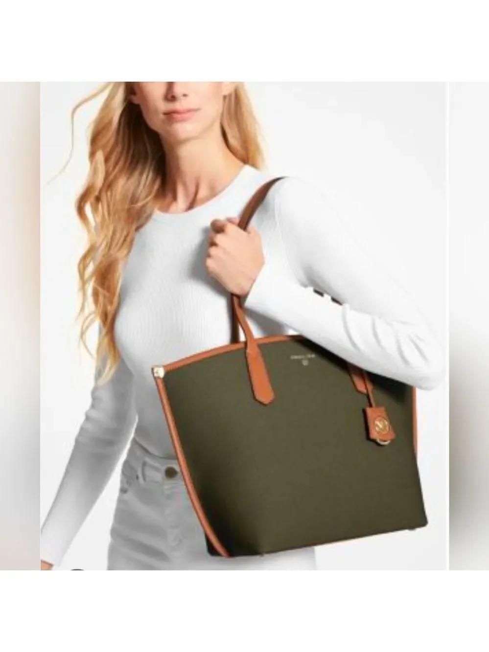 Michael Kors Emilia Large Tote Bag Olive Canvas Brown Leather Trim Gold Hardware