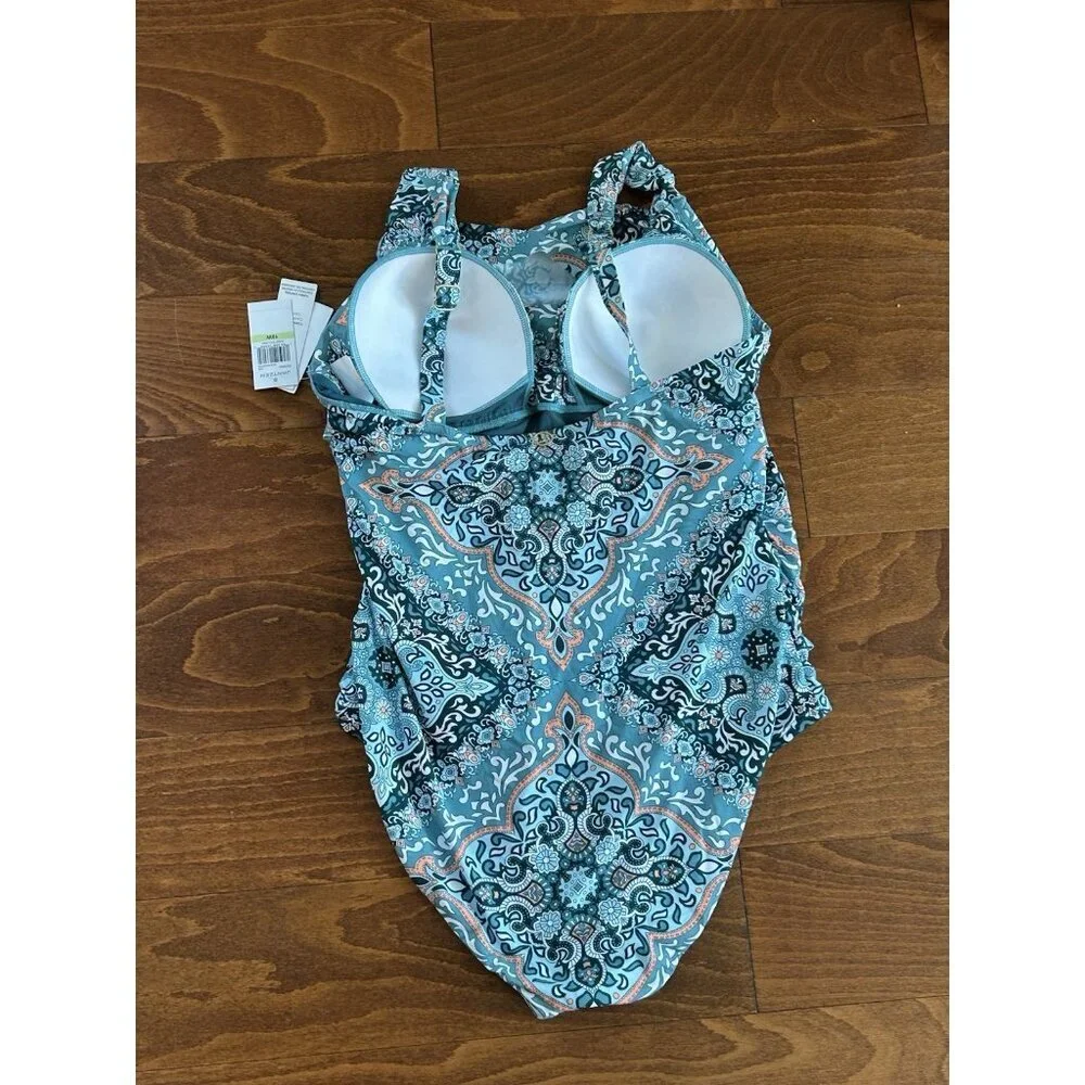 Jantzen Draped Surplice One Piece Bathing Suit Ocean  Floral‎ Stretch NWT 18W