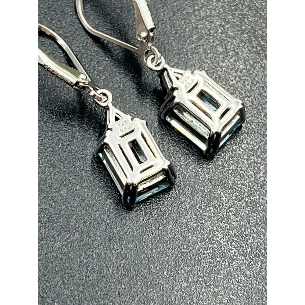 BBJ 925 Sterling Silver Emerald‎ Cut Blue Topaz Sm Sapphire Lever back Earrings