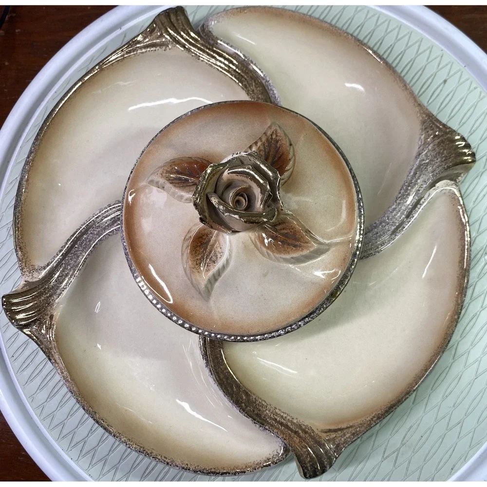Vintage California Pottery 4 Piece Chip Dip Lazy Susan Gold Rose‎ 13
