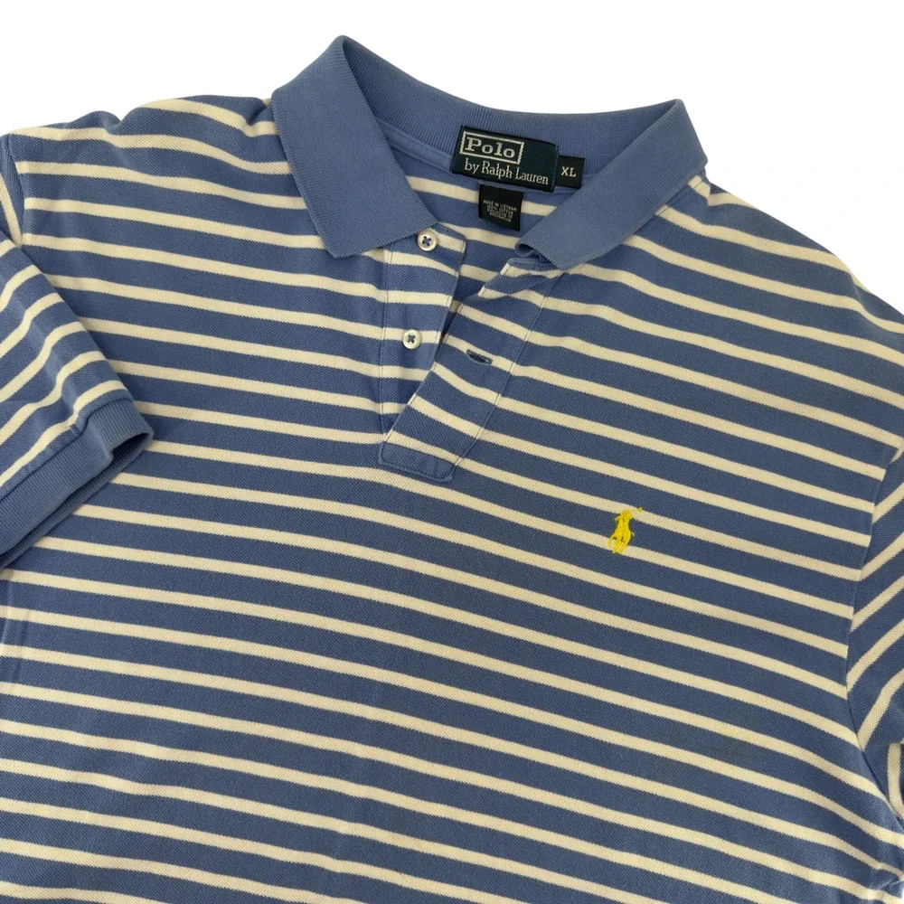 Polo Ralph Lauren Mens XL‎ Blue White Striped Short Sleeve Polo Shirt Yellow