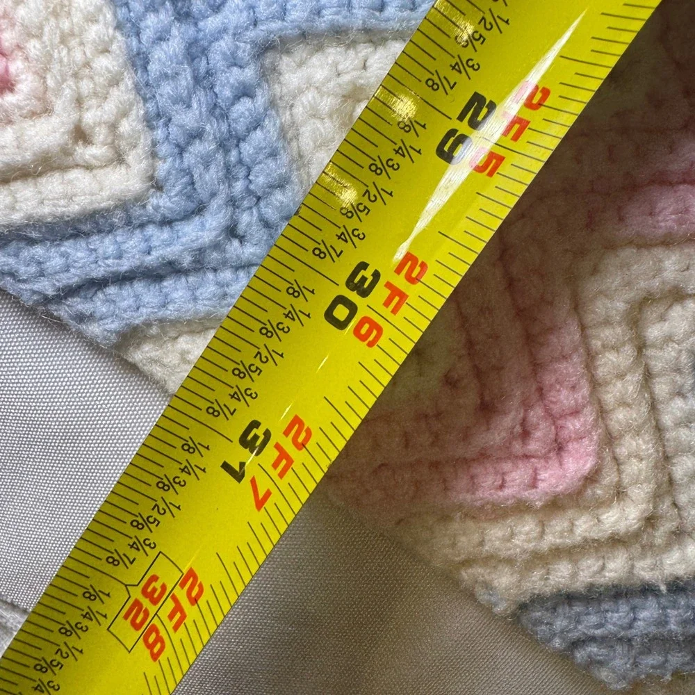 Vintage Handmade Crochet Chevron Ripple Baby Blanket Pink Blue Cream 31x42‎