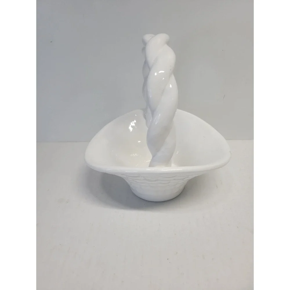 Vintage White Ceramic Woven Basket with Twisted Rope Handle Glossy Finish‎