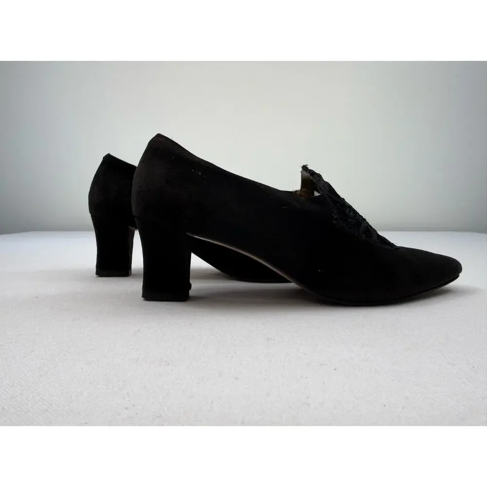 Sesto Meucci Black Suede‎ Pumps Embroidered Mesh Vamp Vintage 90s Womens Size 7