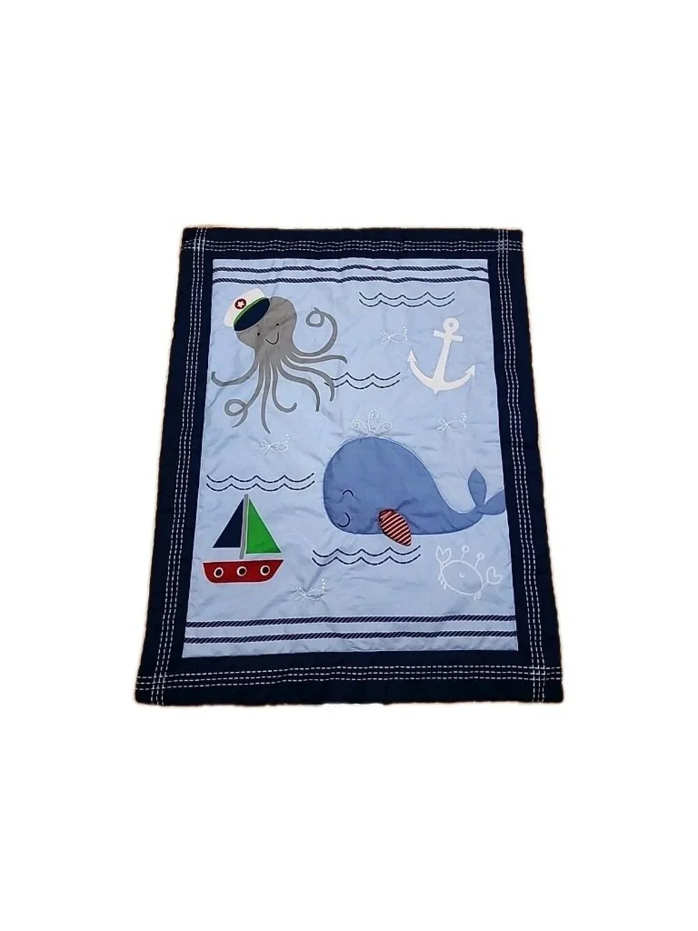 Nautical Baby Crib Blanket Quilt Blue Ocean Octopus Whale Sailboat Nursery Beach
