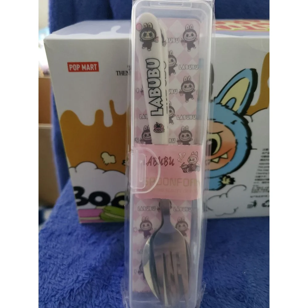 Labubu White Silver Flatware Set One Spoon and Fork in a plastic carrying case.