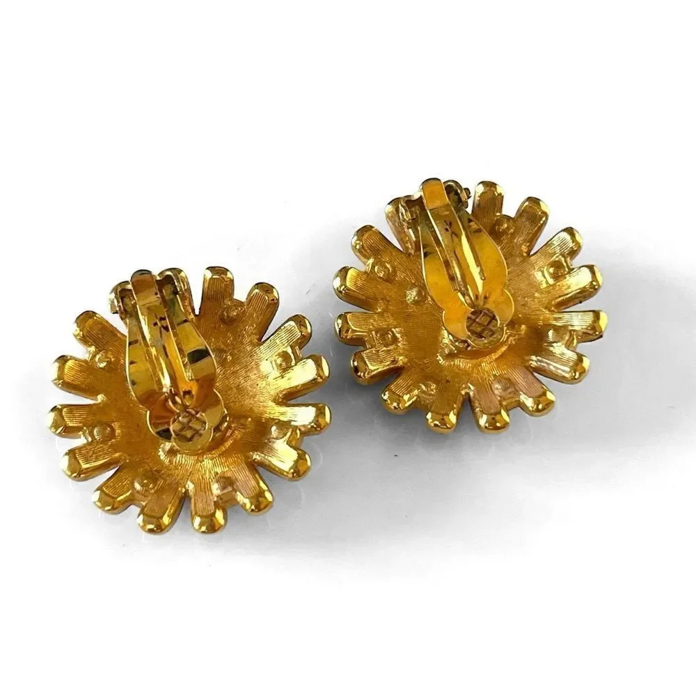 Vintage Swarovski Gold Enamel Crystal Sunburst Earrings