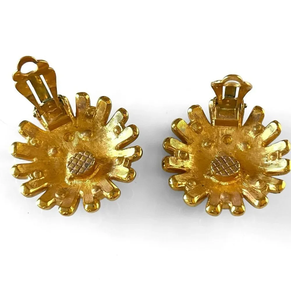 Vintage Swarovski Gold Enamel Crystal Sunburst Earrings