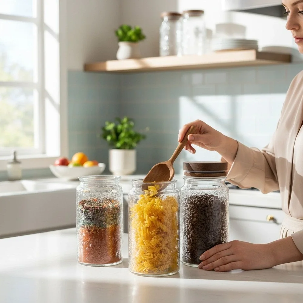 Brajttt Glass Canister Set 4pc 32oz Clear New Sunflower Embossed Wood Lids