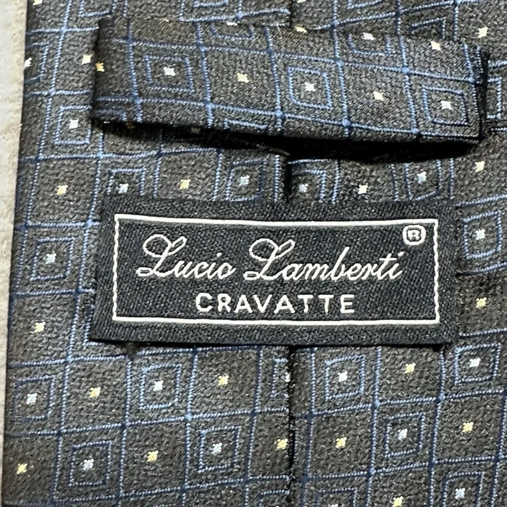Lucio Lamberti Neck Tie Geometric Window Pane Print‎ Black Blue Handmade Silk