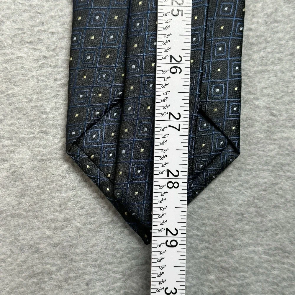 Lucio Lamberti Neck Tie Geometric Window Pane Print‎ Black Blue Handmade Silk
