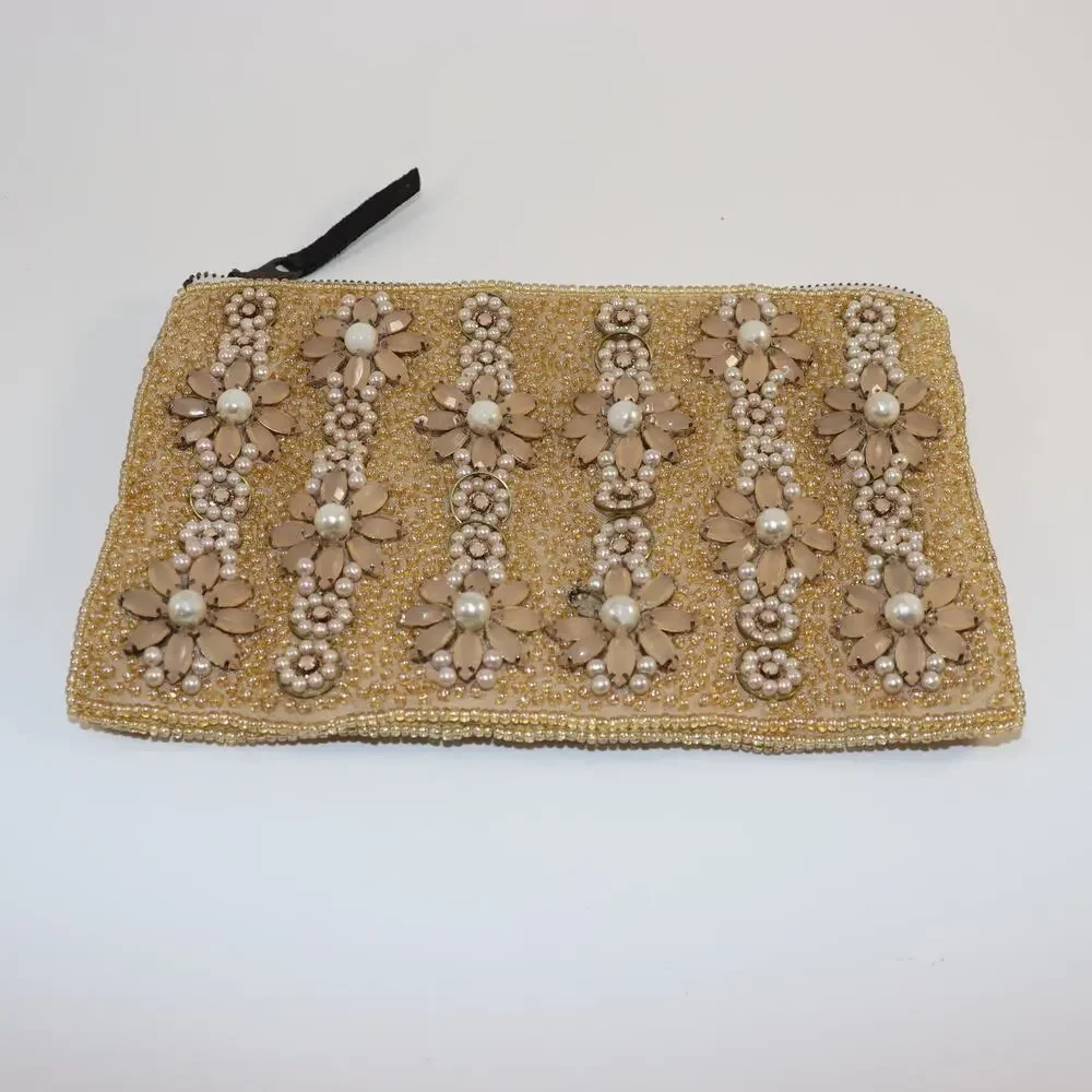 Vintage Beaded Floral Clutch w/ Pearls &‎ Gems – Gold Satin Lining