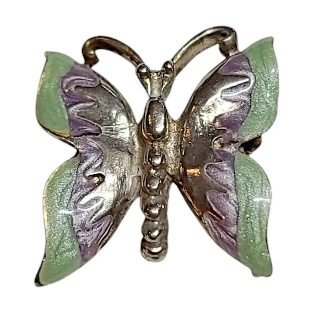 Vintage Purple Green Shimmer Enamel Butterfly Silver Tone Brooch Pin