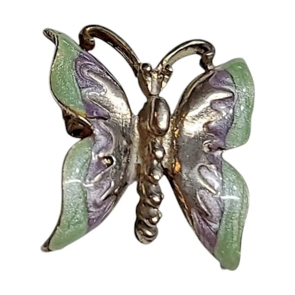 Vintage Purple Green Shimmer Enamel Butterfly Silver Tone Brooch Pin