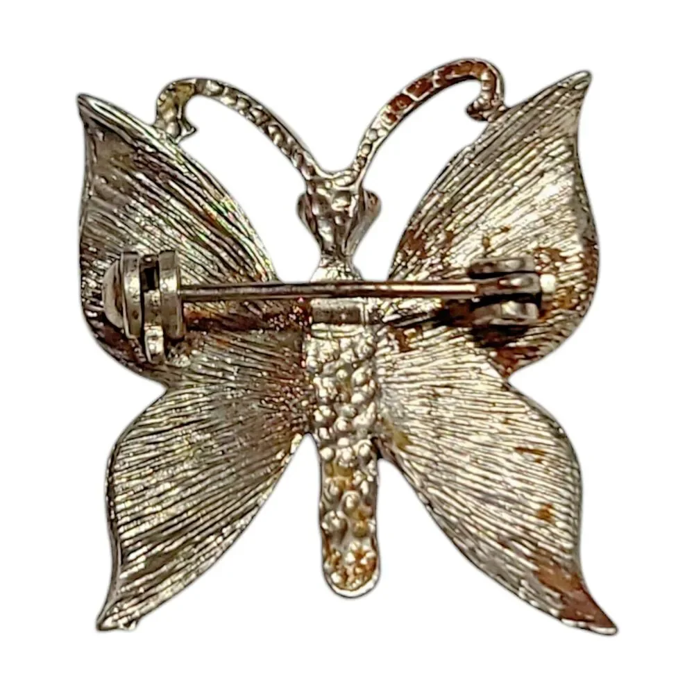 Vintage Purple Green Shimmer Enamel Butterfly Silver Tone Brooch Pin