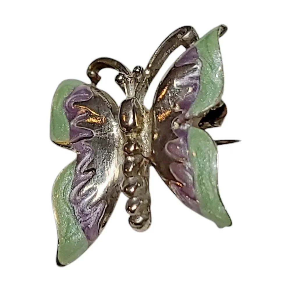 Vintage Purple Green Shimmer Enamel Butterfly Silver Tone Brooch Pin