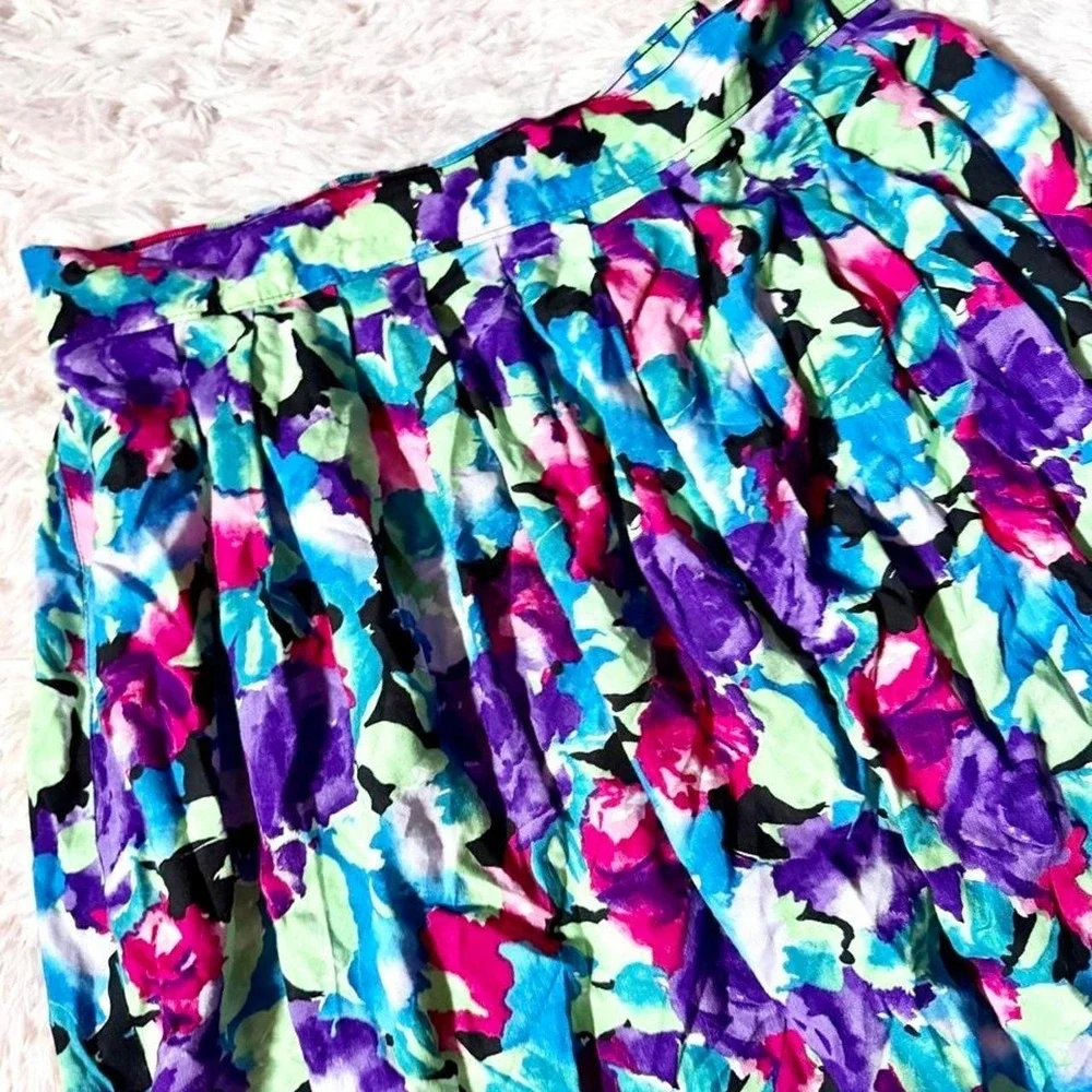 Vintage 80s Colorful Floral Whimsical Fairy Cottage Core Midi Skirt Womens 16