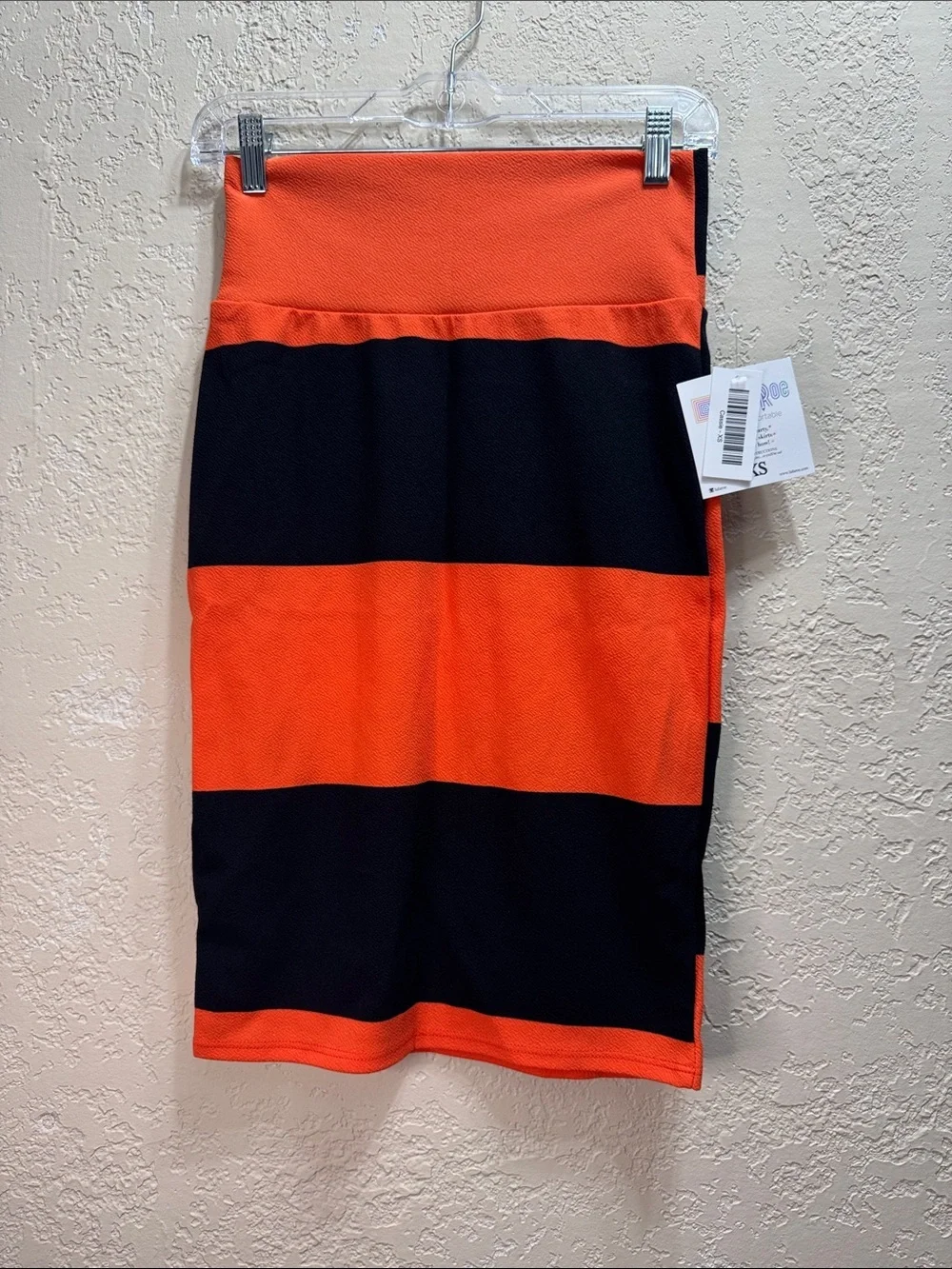 NWT LuLaRoe Cassie Pencil Skirt XS Orange Black Striped Stretch Textured Midi