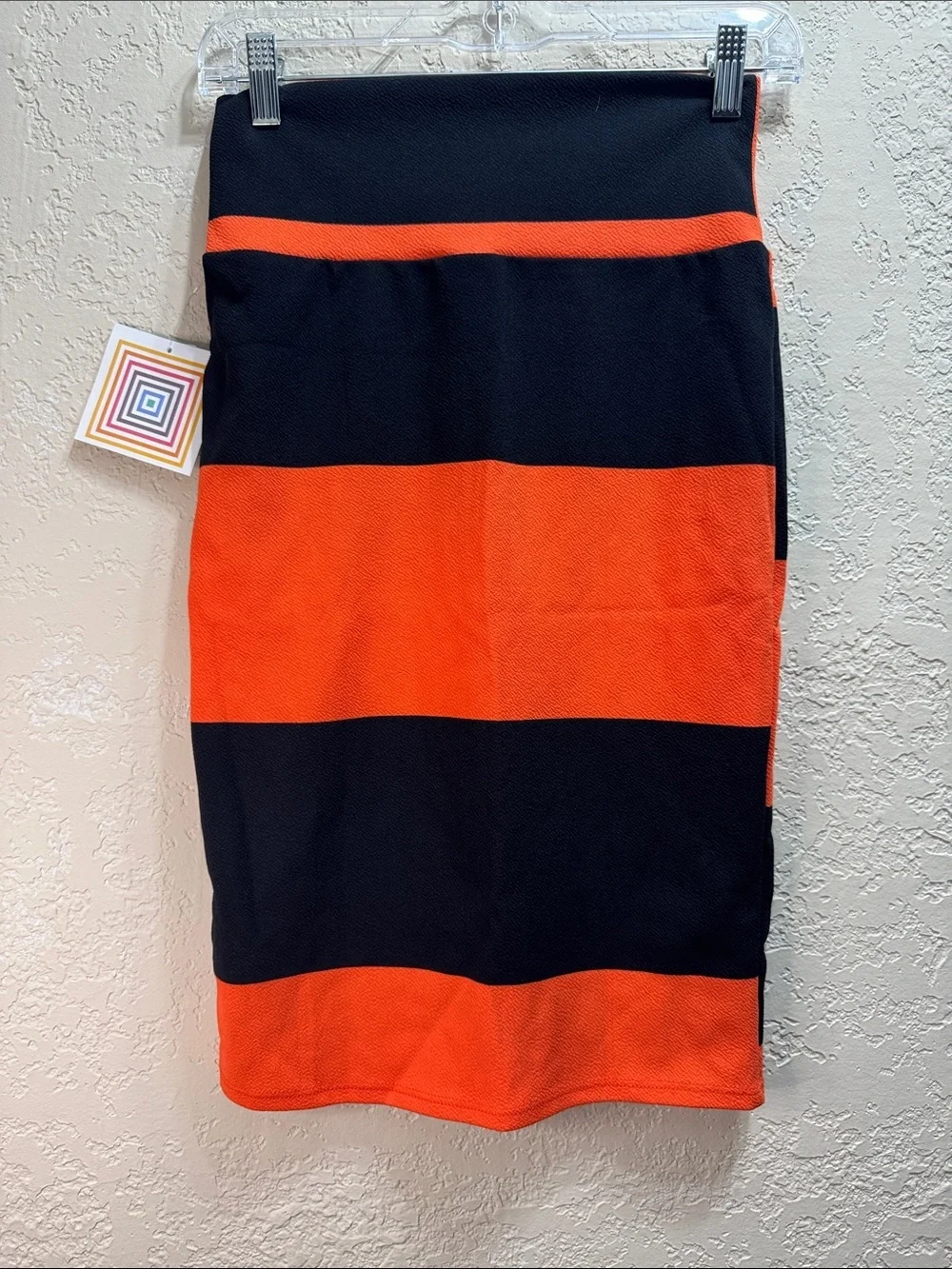 NWT LuLaRoe Cassie Pencil Skirt XS Orange Black Striped Stretch Textured Midi
