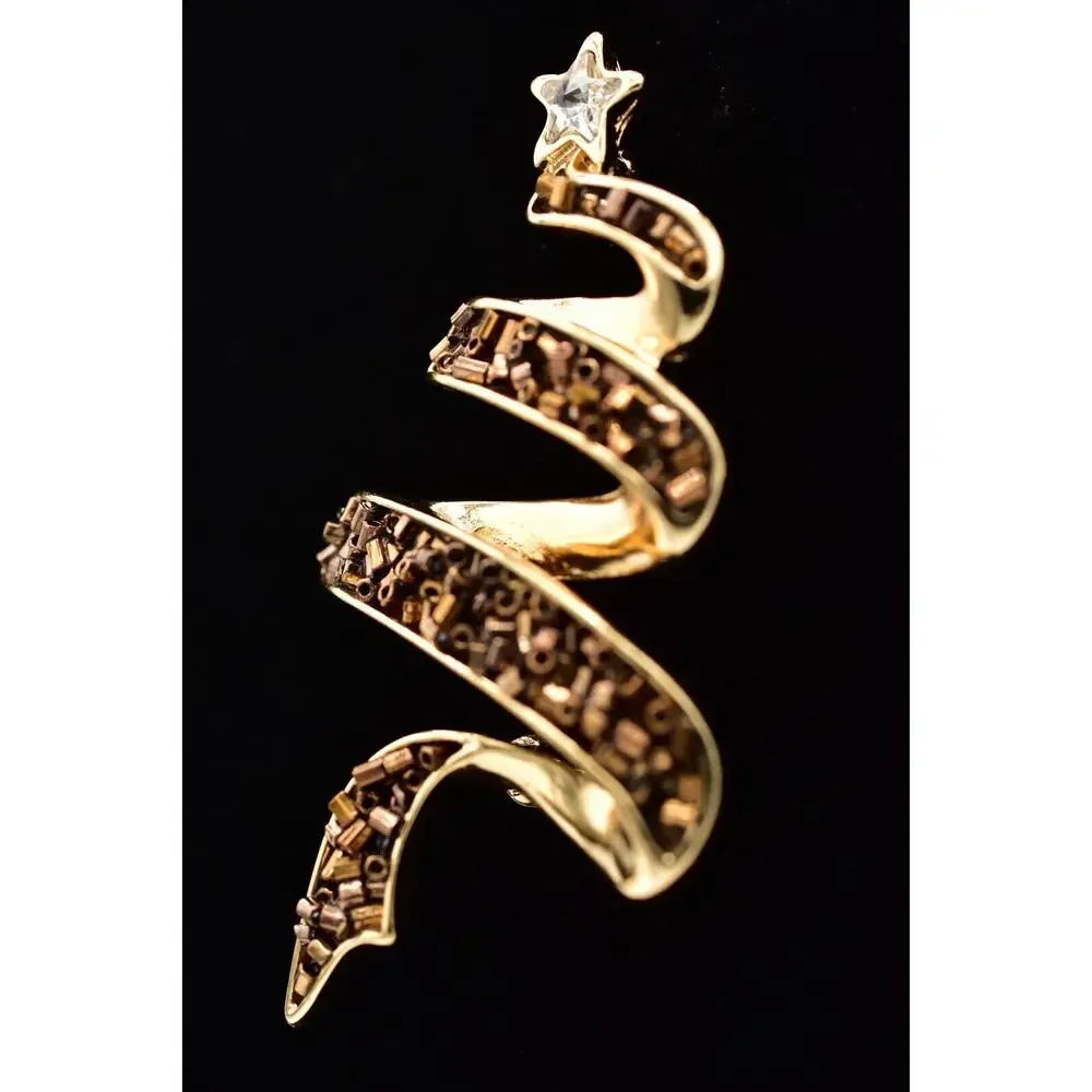 Vintage Beaded Christmas Tree Pin Brooch Brown Bronze Gold Holiday Star BinBG