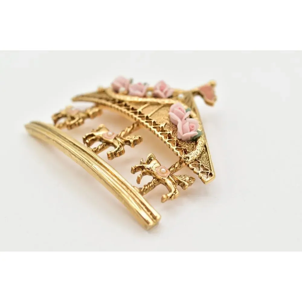 1928 Vintage Carousal Pin Brooch Horse Gold Pink Roses Romantic 1980s BinBG