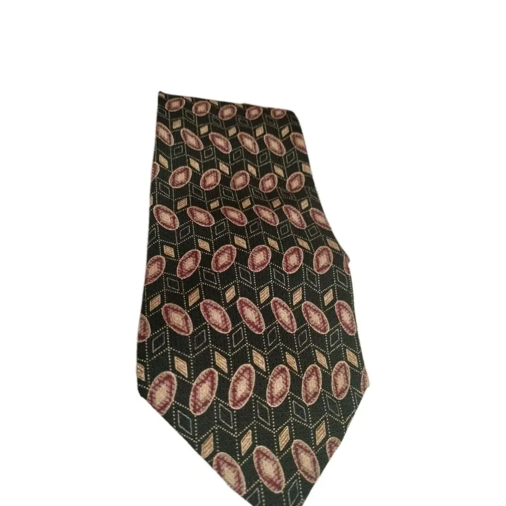 Chaps Ralph Lauren Black Red Tan  Geometric Print Neck Tie Silk USA A26