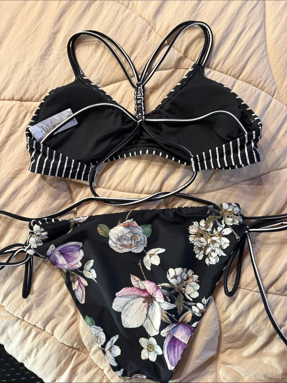 Cupshe Black & White Striped Floral Tie-Side Bikini