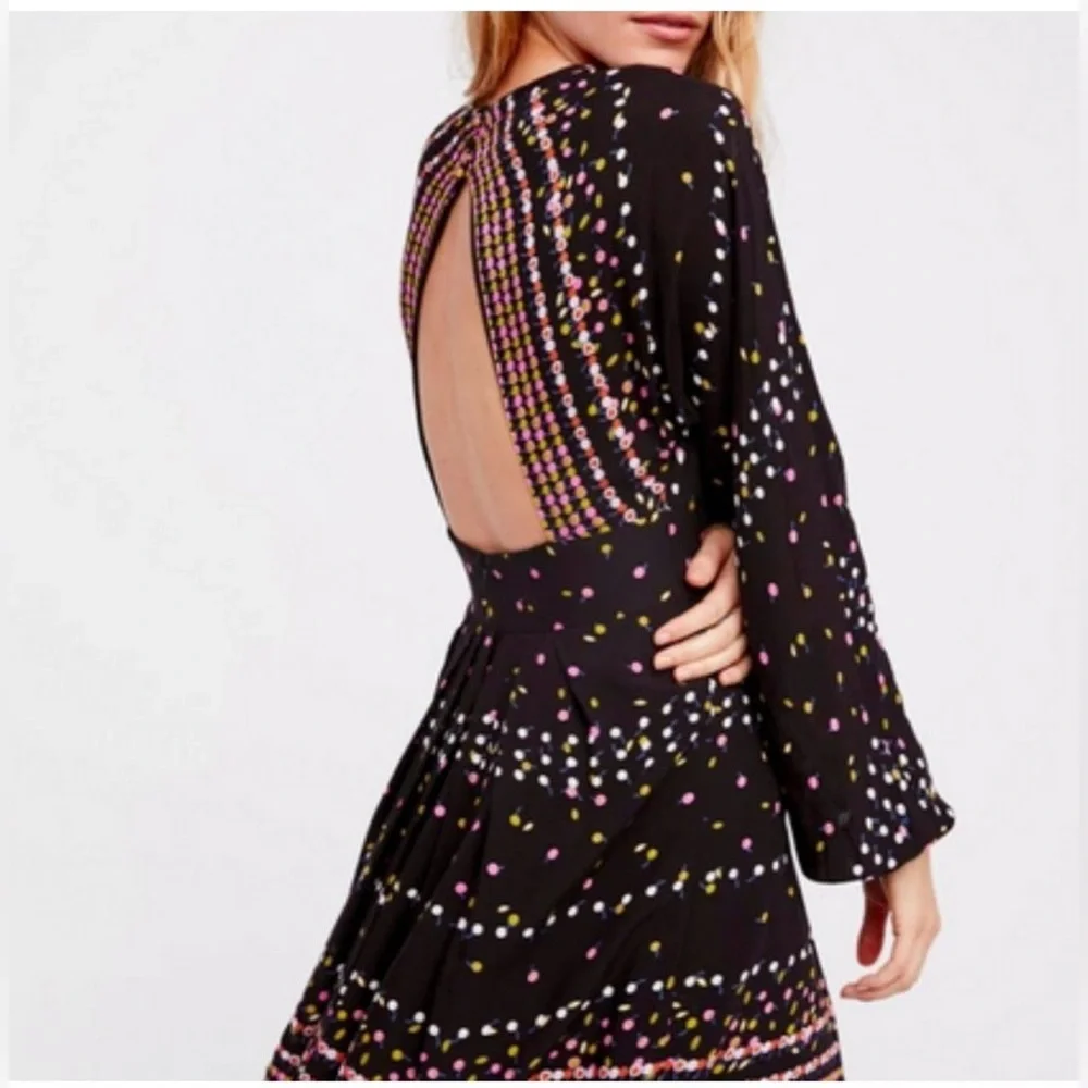 Free People Coryn Mini Dress Black Printed Open Back Long Sleeve Size 2