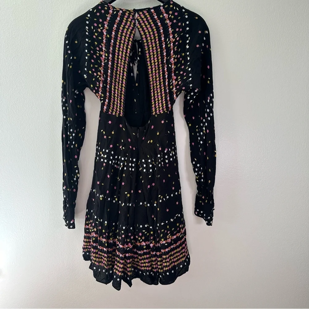Free People Coryn Mini Dress Black Printed Open Back Long Sleeve Size 2