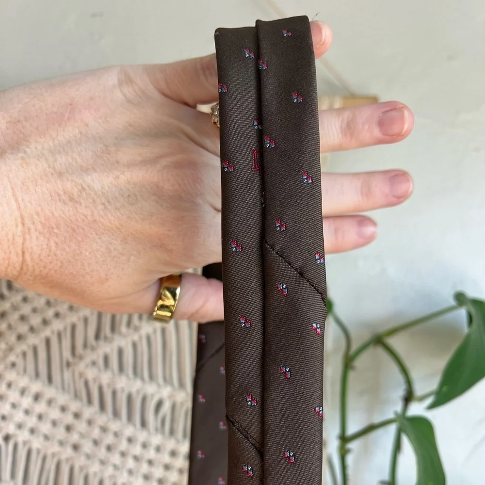 Christian Dior Vintage Silk Blend Tie Brown Print Classic Width Designer Necktie