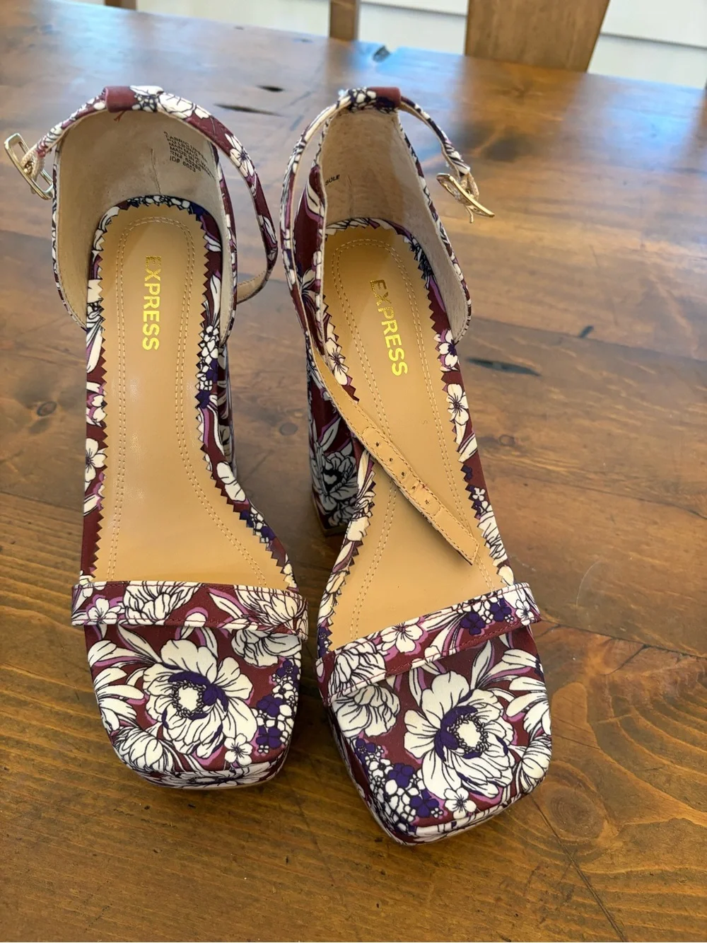 Express Floral Burgundy and White Block Heel Sandals