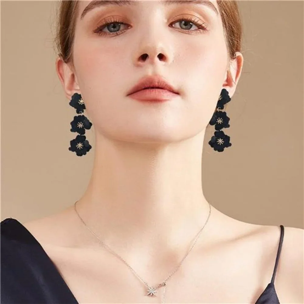 Black‎ Matte Flower Dangle Earrings Tiered Floral Drop Stud Chandelier Earrings