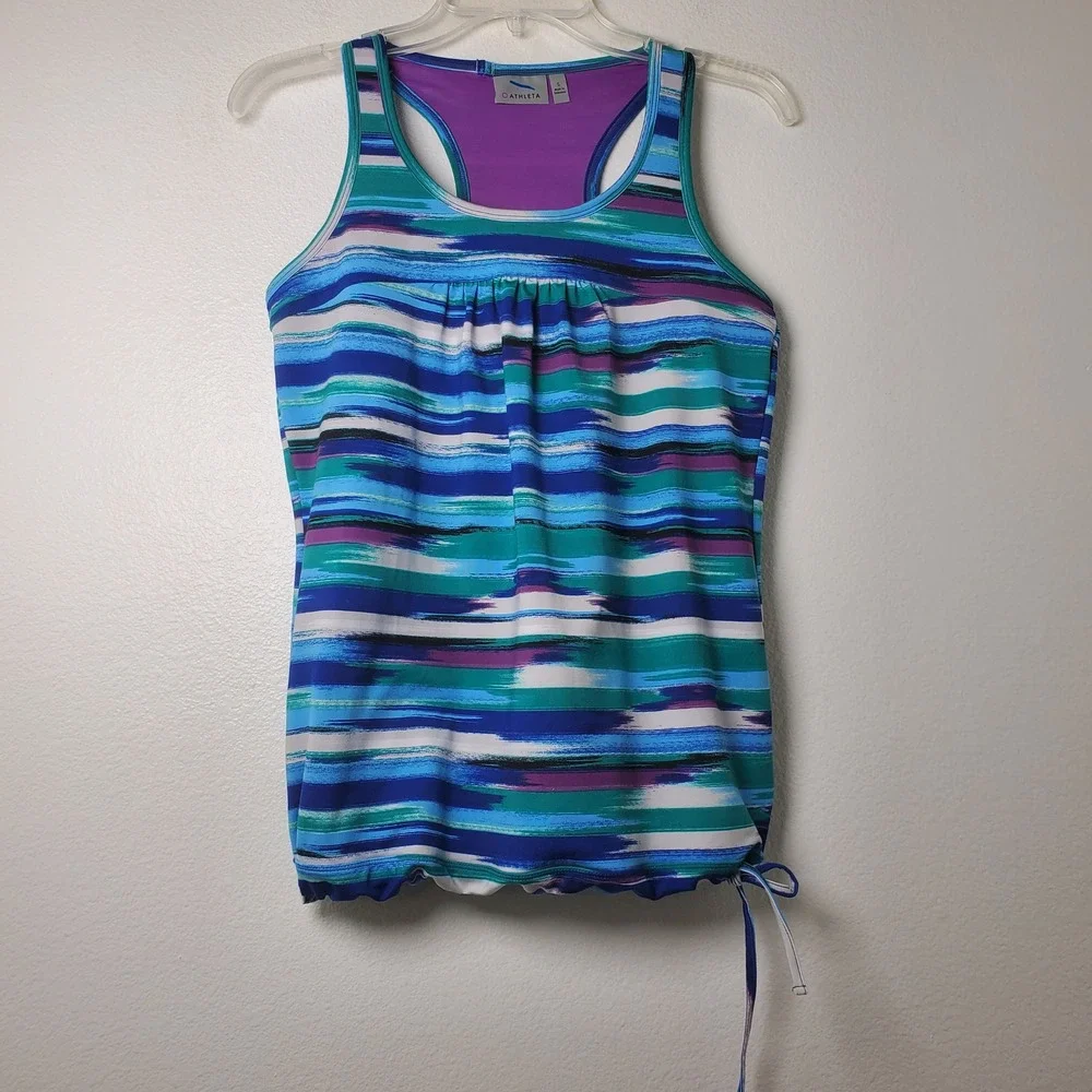 Athleta Tinker Tank Racerback Striped‎ Swim Tankini Swimsuit Top Blue Purple