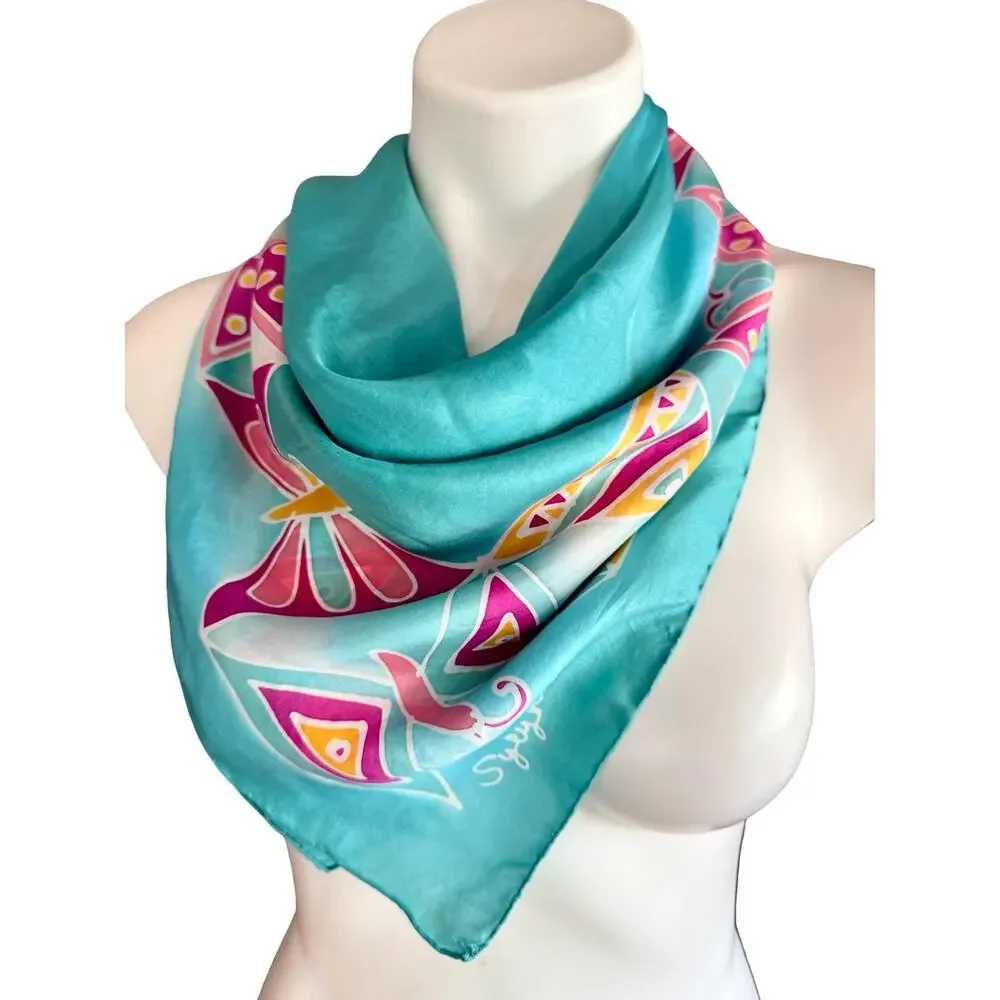 Vintage 1970s Hand Painted Sylyn Silk Scarf Turquoise Butterfly 35” Rolled Edges