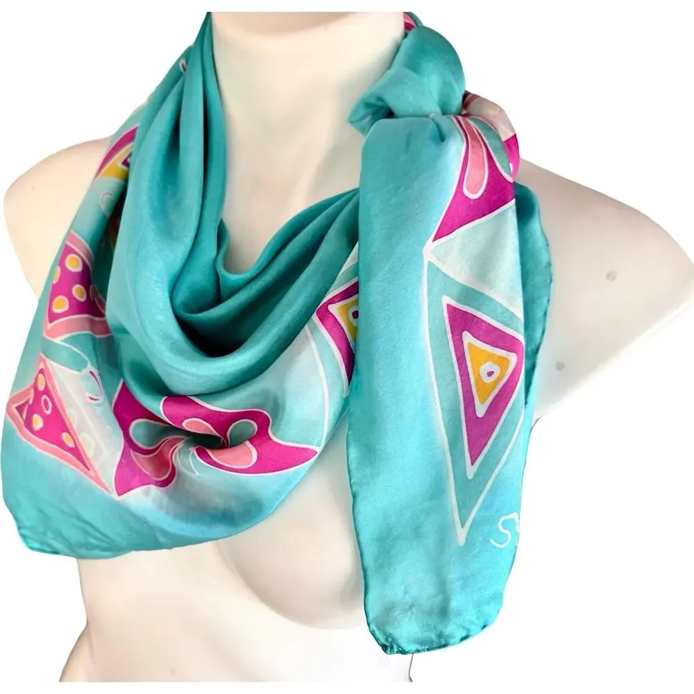 Vintage 1970s Hand Painted Sylyn Silk Scarf Turquoise Butterfly 35” Rolled Edges