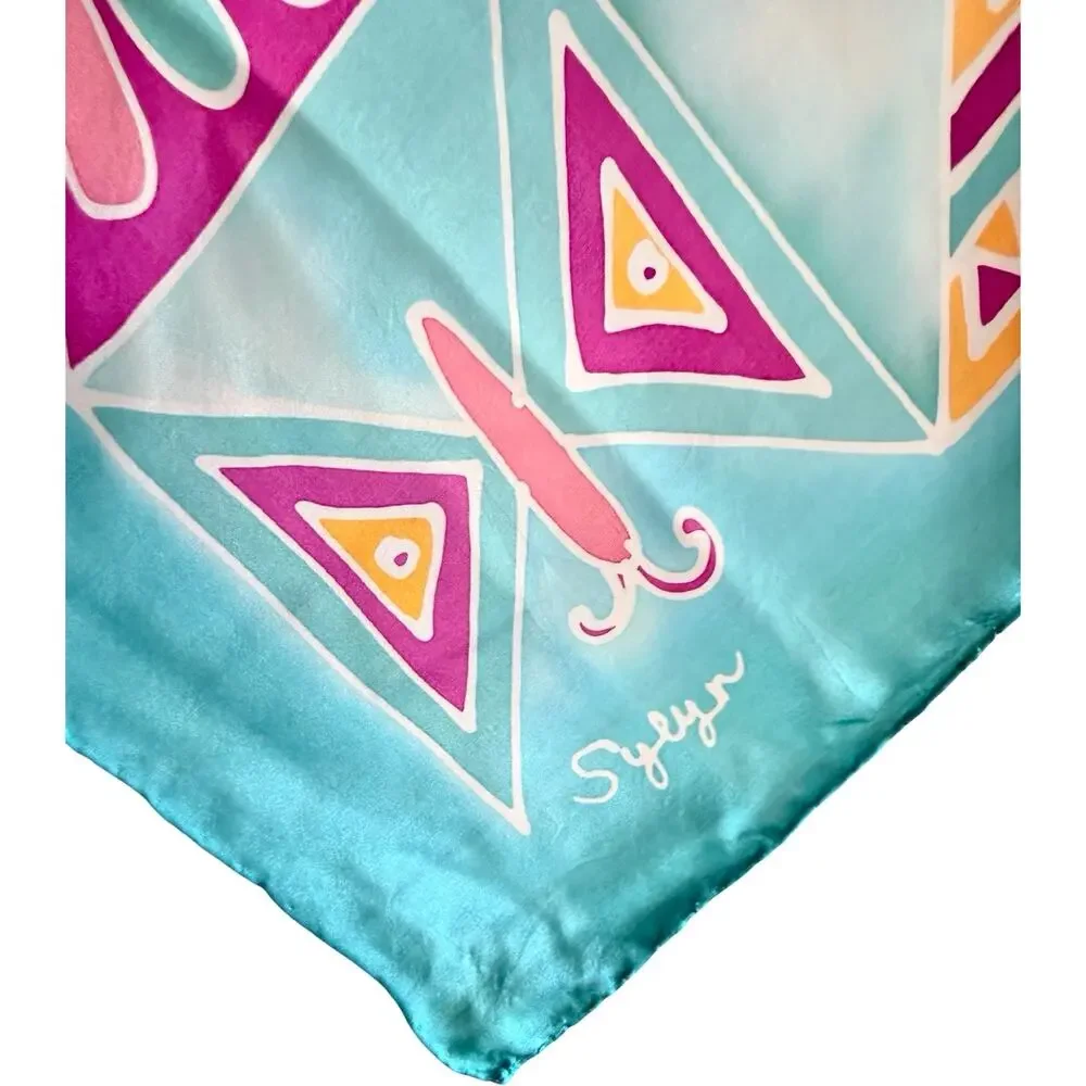 Vintage 1970s Hand Painted Sylyn Silk Scarf Turquoise Butterfly 35” Rolled Edges
