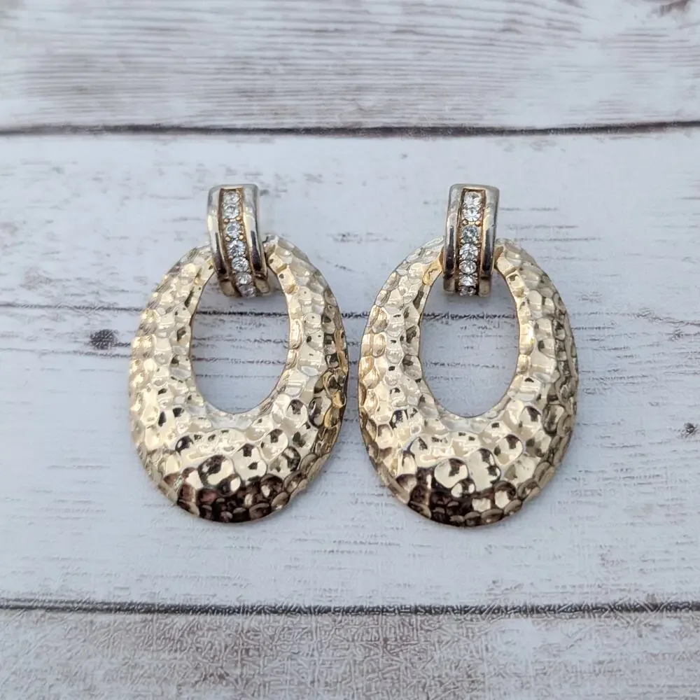 Vintage Stud Earrings Statement Gold Tone Hammered Design with Clear Gems
