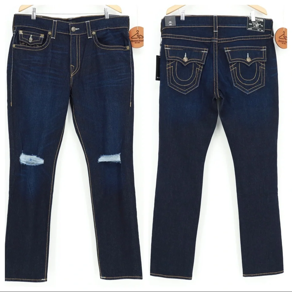 TRUE RELIGION RAZOR DARK RIPS‎ GENO FLAPS RELAXED SLIM JEANS