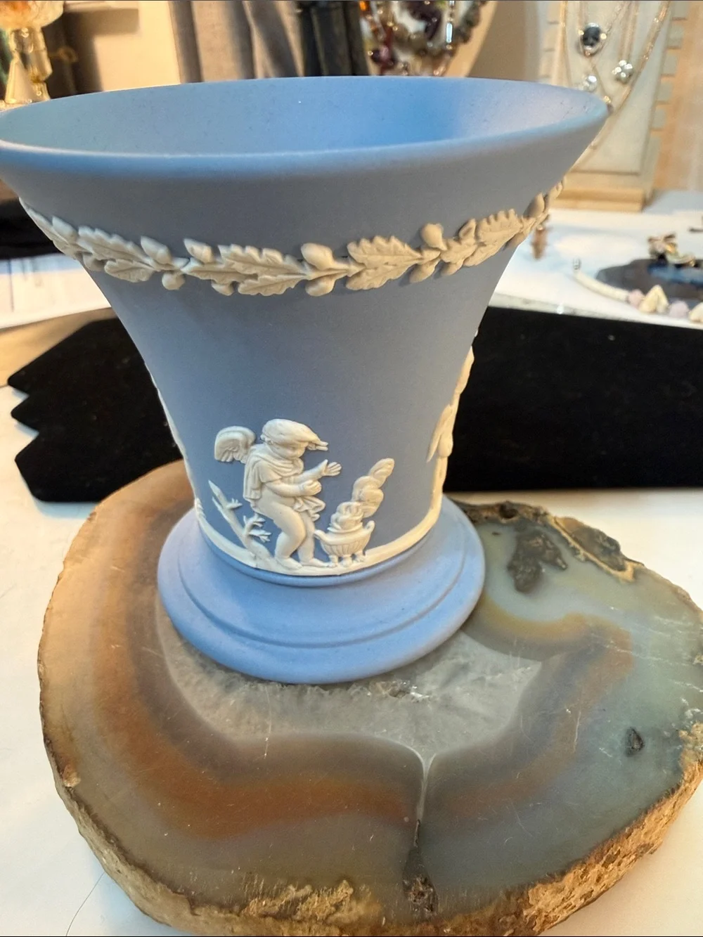 Wedgwood Blue Jasperware Urn vase with Cherub Reliefs Guc 3.25” x 2.5”