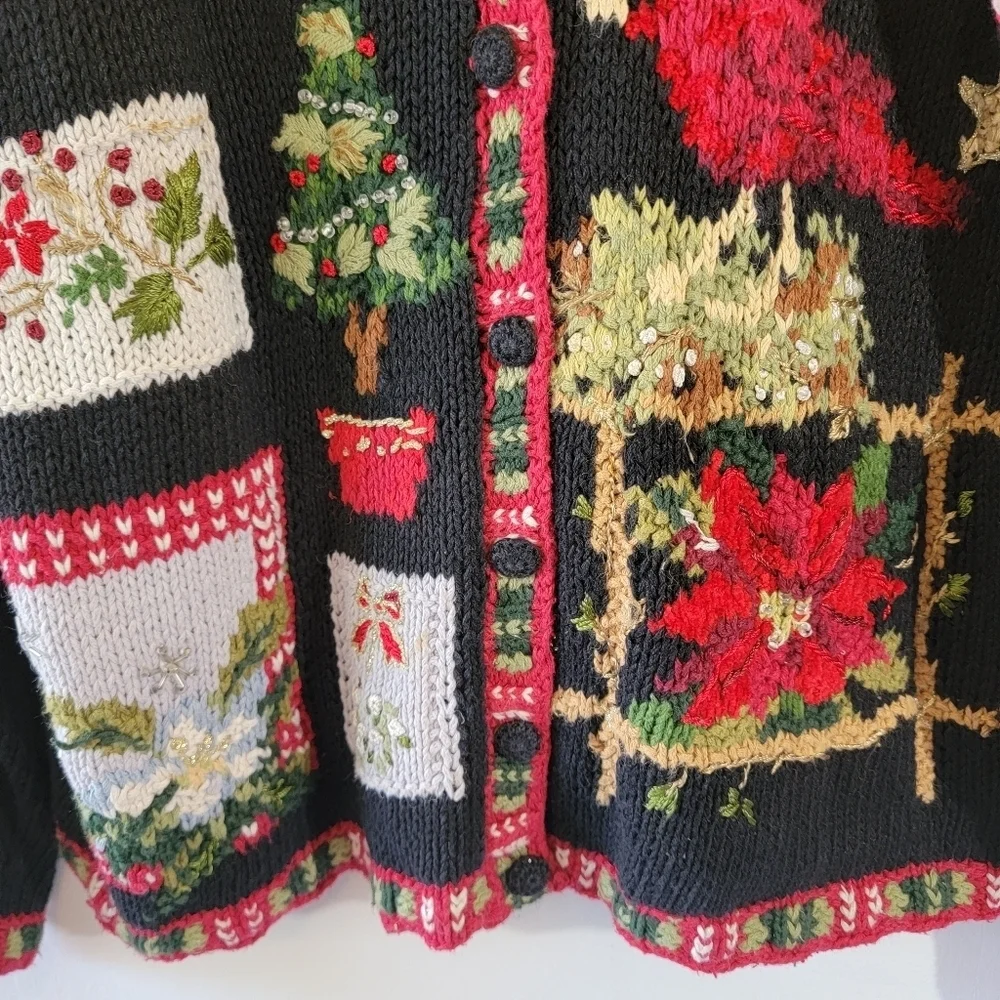 VTG TIARA 3-D Knit Ugly Sweater Cardigan Sz L Cottagecore Heavy Knit Home Trees