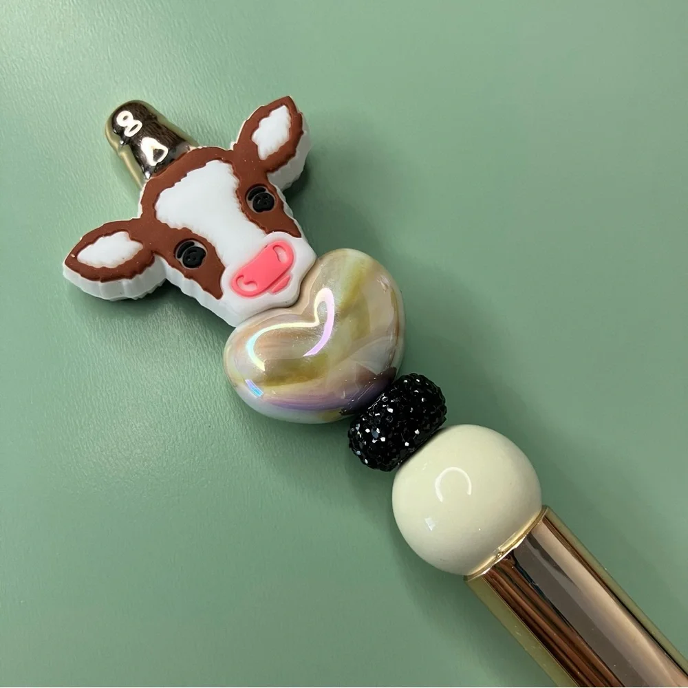 Cute Cow Handmade Beaded Pen with Heart Design